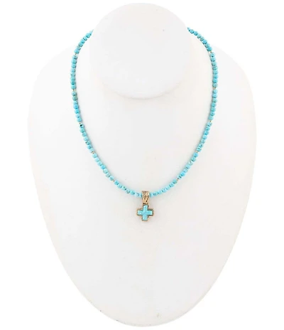 Barse Blue Turquoise Cross Golden Pendant Necklace