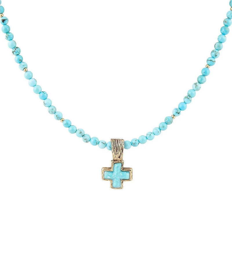 Barse Blue Turquoise Cross Golden Pendant Necklace