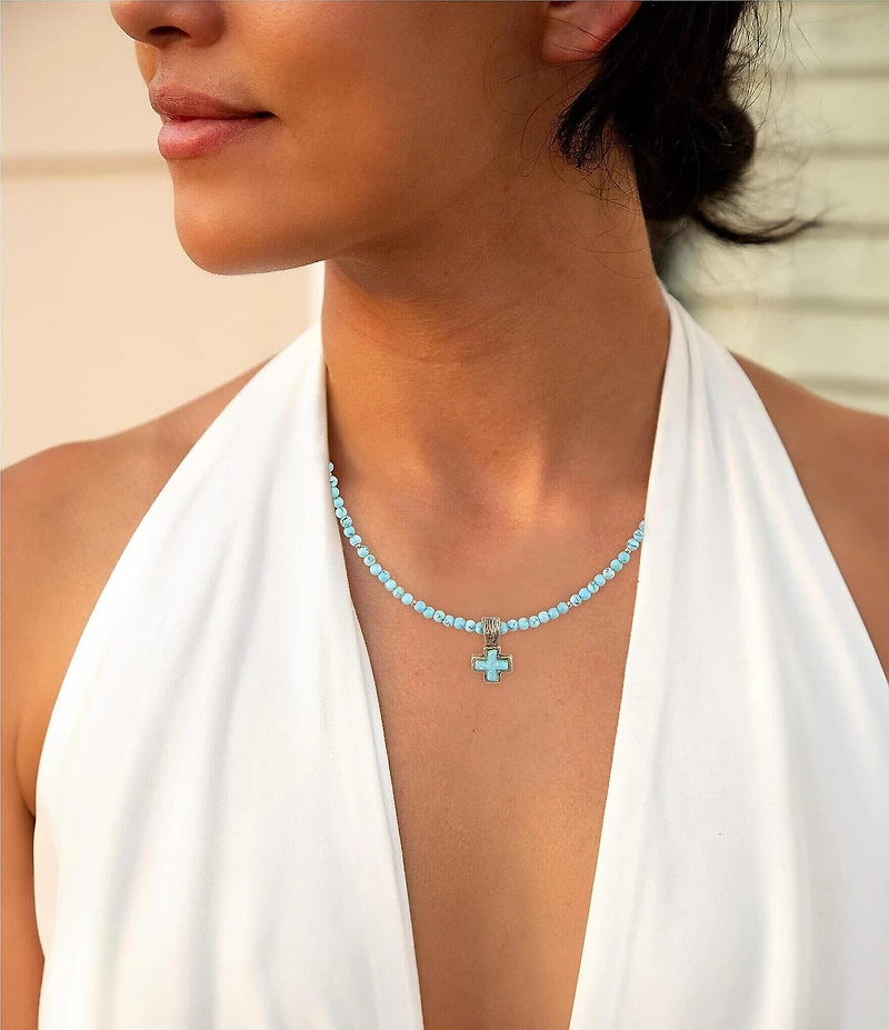 Barse Blue Turquoise Cross Golden Pendant Necklace