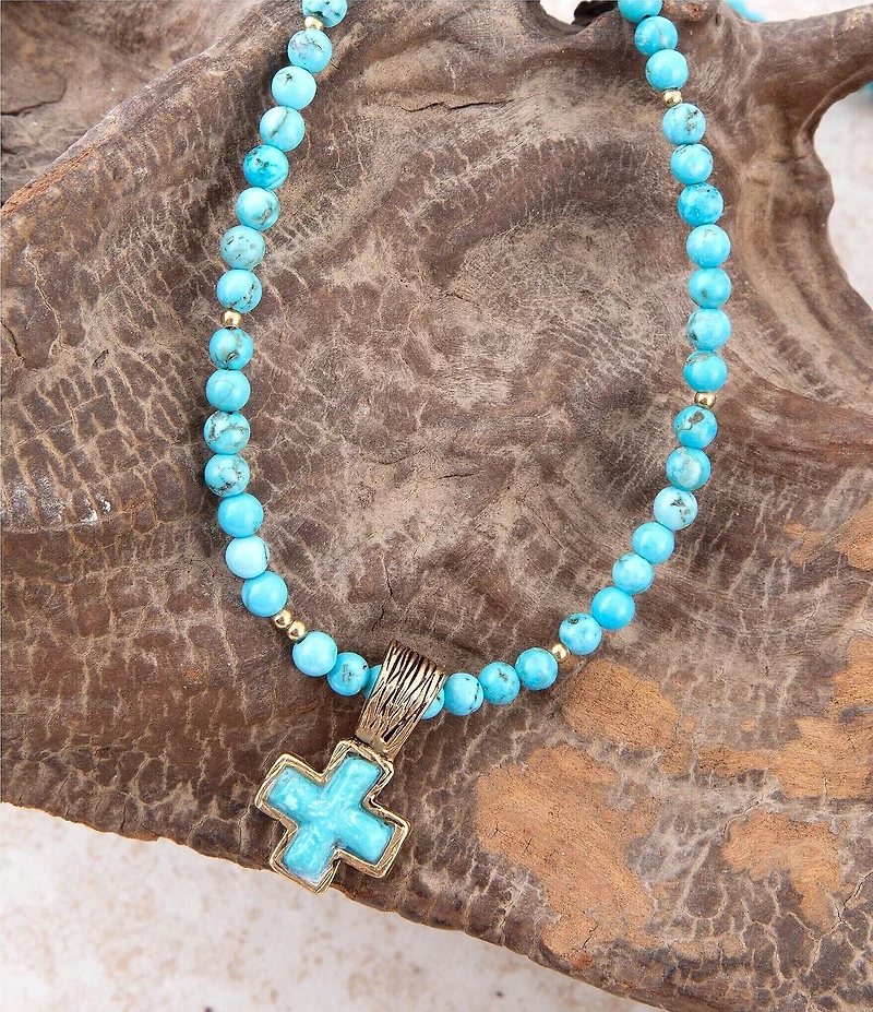 Barse Blue Turquoise Cross Golden Pendant Necklace