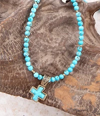 Barse Blue Turquoise Cross Golden Pendant Necklace
