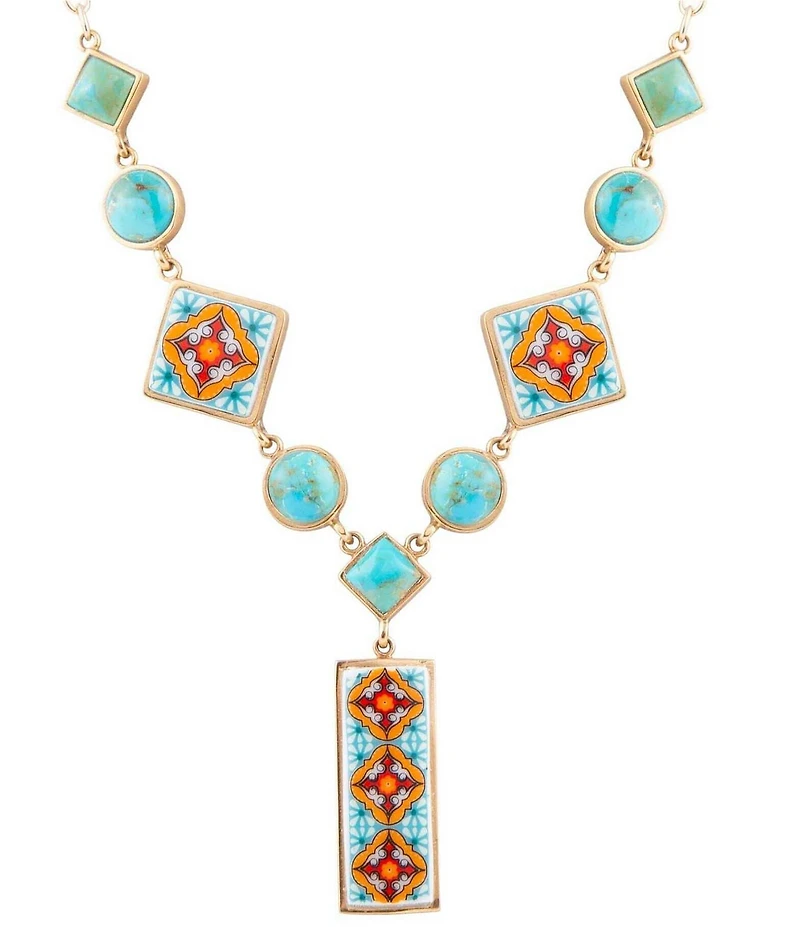 Barse Talavera Tile and Blue Turquoise Golden Y-Neck Necklace