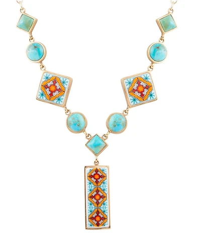 Barse Talavera Tile and Blue Turquoise Golden Y-Neck Necklace