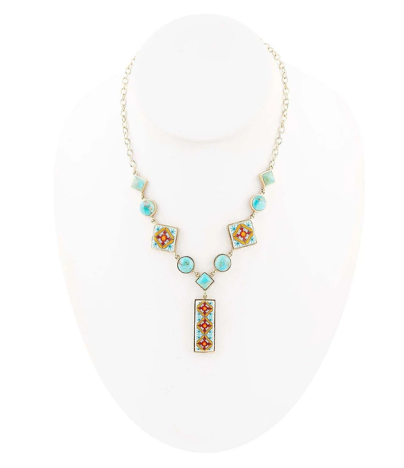 Barse Talavera Tile and Blue Turquoise Golden Y-Neck Necklace