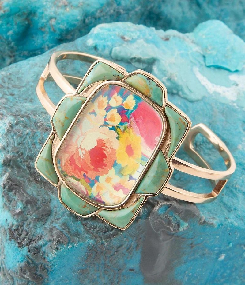 Barse Scenic Floral Blue Turquoise and Golden Cuff Bracelet