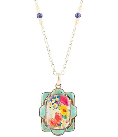 Barse Scenic Floral and Blue Turquoise Golden Pendant Necklace