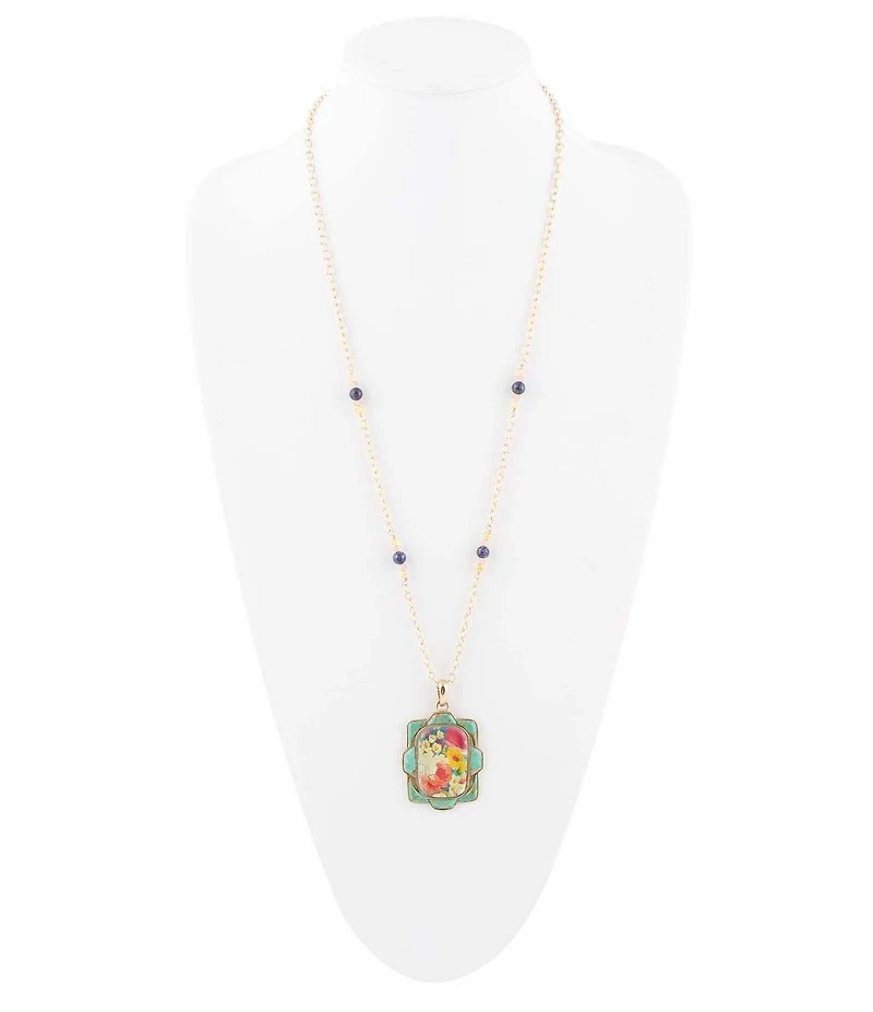 Barse Scenic Floral and Blue Turquoise Golden Pendant Necklace