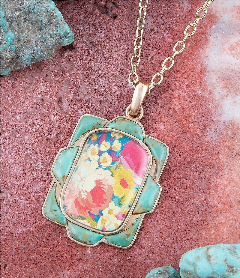 Barse Scenic Floral and Blue Turquoise Golden Pendant Necklace