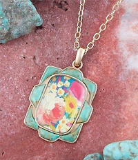 Barse Scenic Floral and Blue Turquoise Golden Pendant Necklace
