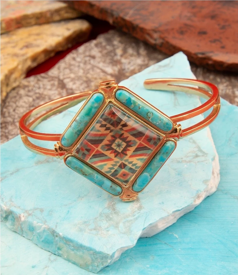 Barse Bronze, Genuine Turquoise and Quartz Western Print Cuff Bracelet