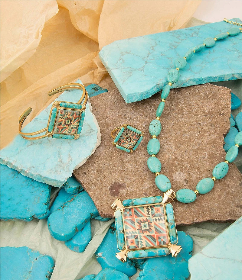 Barse Bronze, Genuine Turquoise and Quartz Western Print Cuff Bracelet