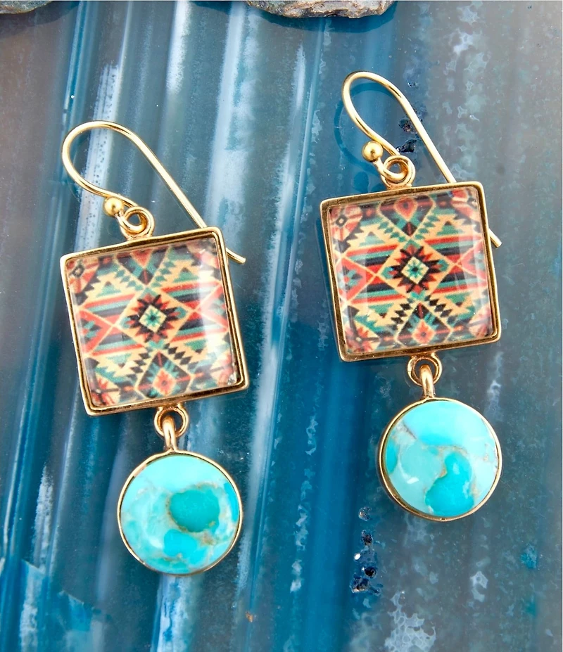 Barse Bronze, Genuine Turquoise and Quartz Western Print Drop Earrings