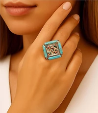 Barse Bronze, Genuine Turquoise and Quartz Western Print Statement Ring