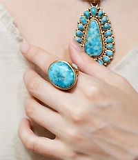 Barse Petals Turquoise And Mother Of Pearl Golden Statement Ring