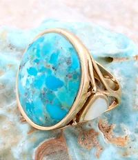 Barse Petals Turquoise And Mother Of Pearl Golden Statement Ring