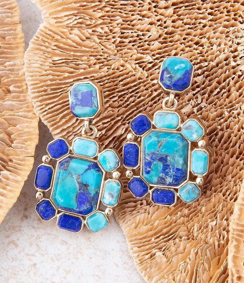 Barse Duality Blue Lapis and Turquoise Golden Drop Earrings