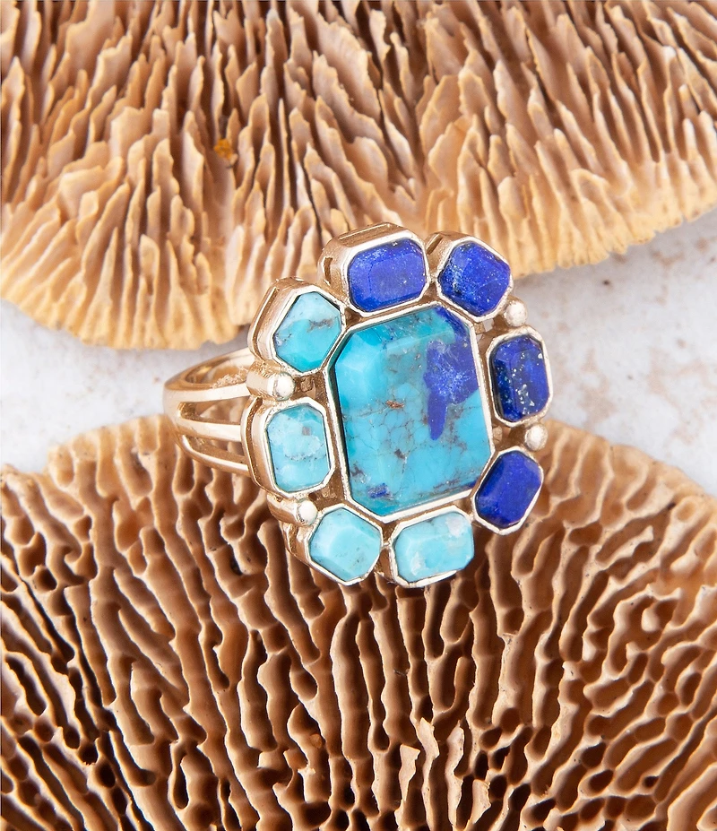 Barse Duality Blue Lapis and Turquoise Golden Statement Ring