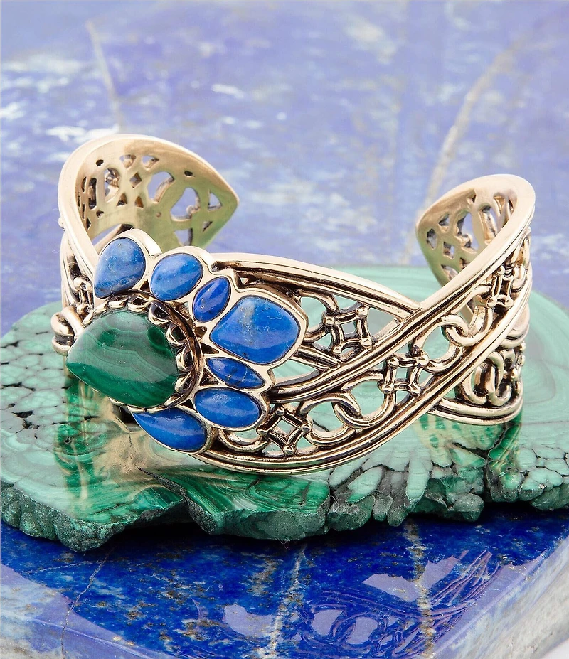 Barse Cognate Green Malachite and Blue Lapis Golden Cuff Bracelet