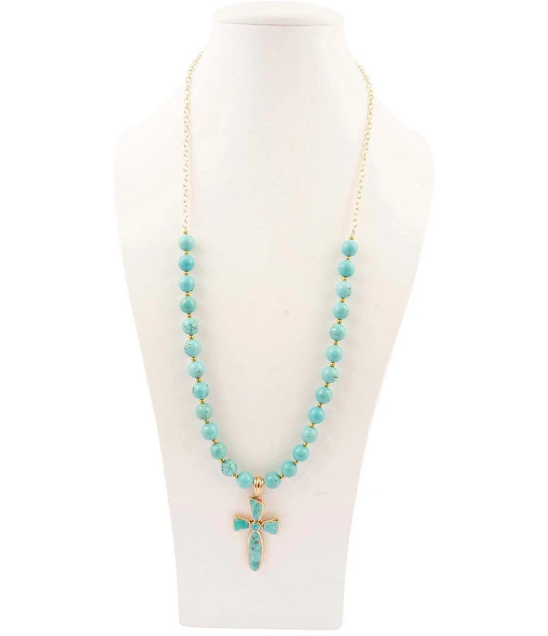 Barse Bronze Las Cruces Turquoise Cross Long Pendant Necklace
