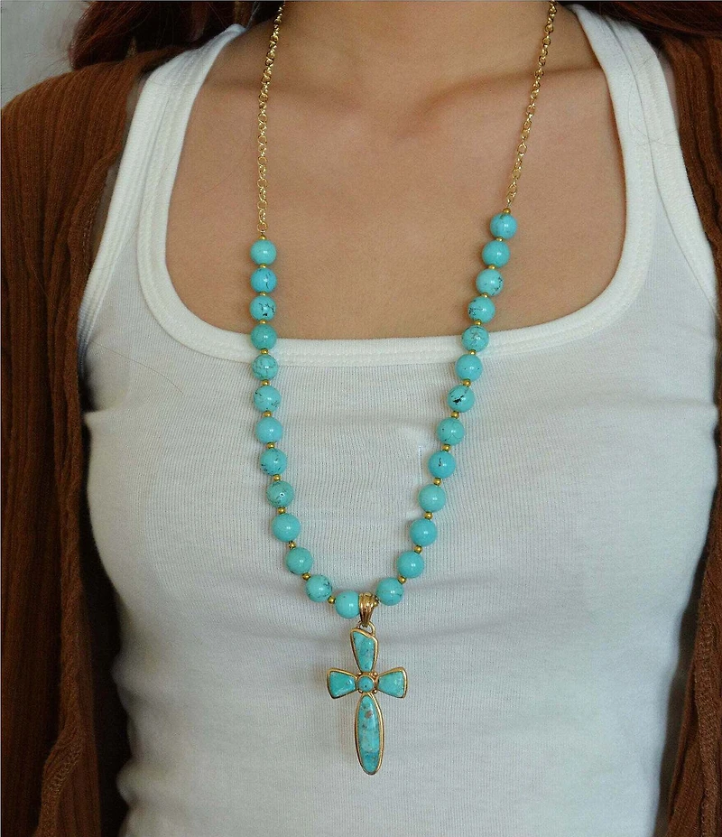 Barse Bronze Las Cruces Turquoise Cross Long Pendant Necklace