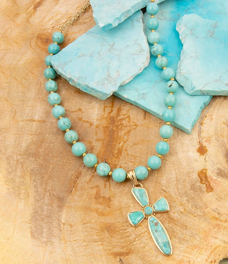 Barse Bronze Las Cruces Turquoise Cross Long Pendant Necklace