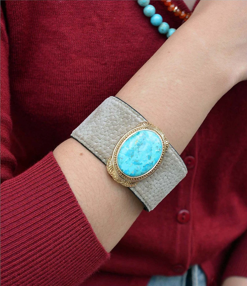 Barse Bronze, Leather and Turquoise Western Statement Cuff Bracelet