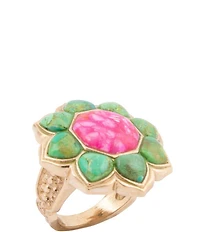 Barse Bronze Lime Turquoise and Pink Magnesite Fleur Statement Ring