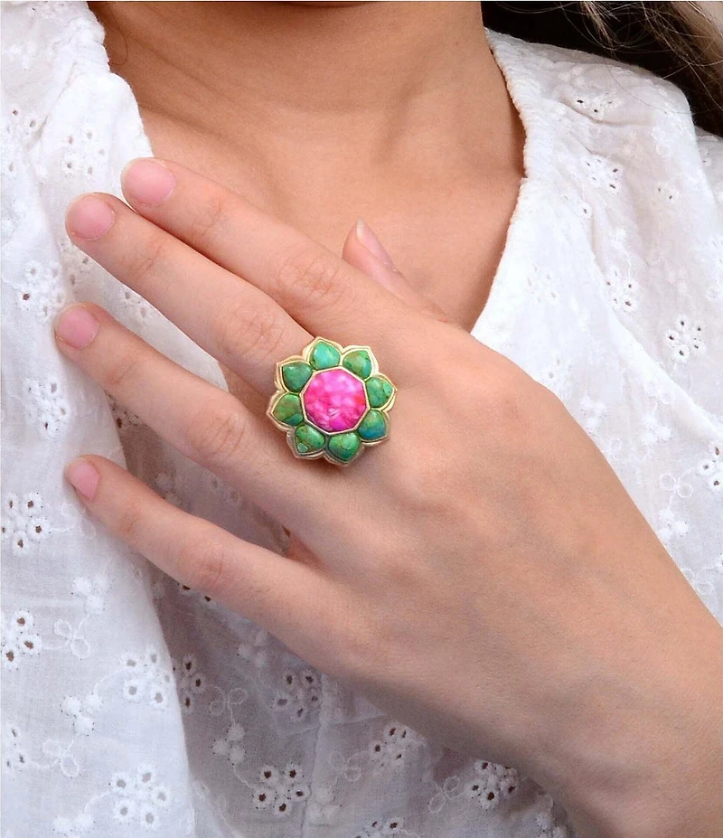 Barse Fleur Bronze Lime Turquoise And Pink Magnesite Statement Ring