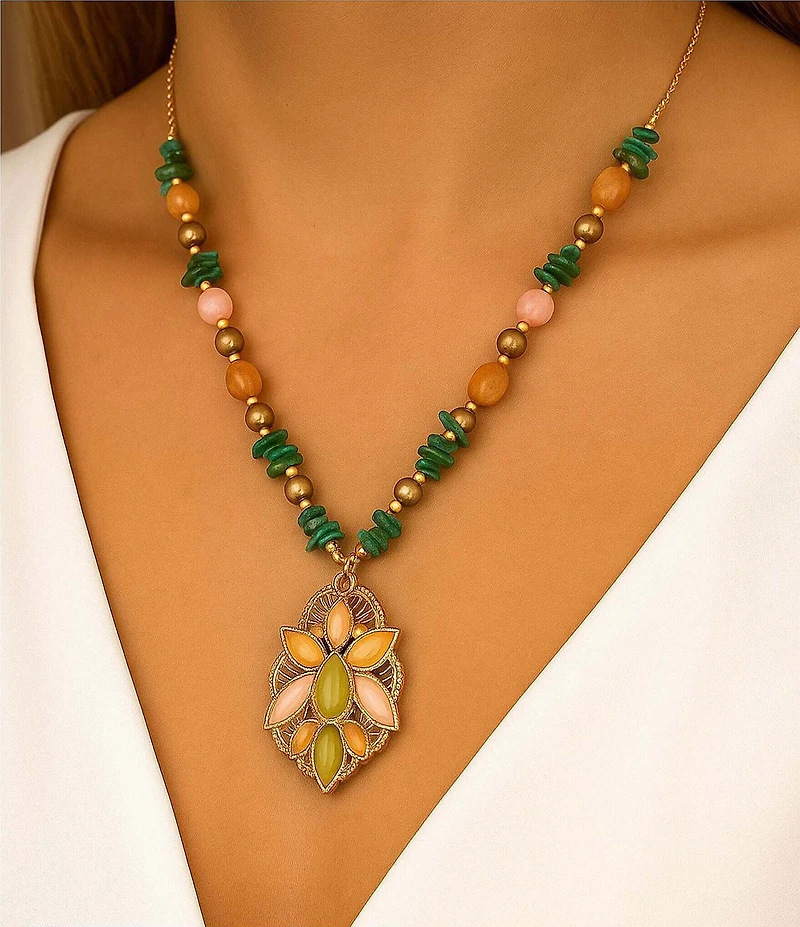 Barse Bronze Misty Meadow Genuine Stone Short Pendant Necklace