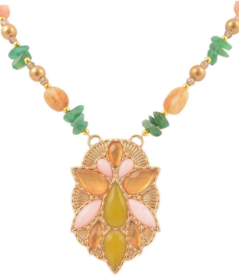 Barse Stargazer Green and Pink Beaded Golden Pendant Necklace