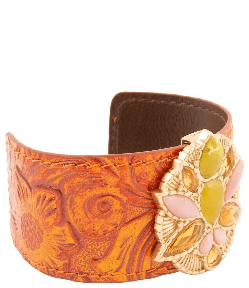 Barse Stargazer Jasper Golden Embossed Leather Cuff Bracelet