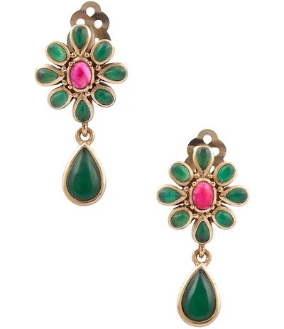 Barse Bronze, Pink Magnesite and Green Onyx Bloom Clip Drop Earrings