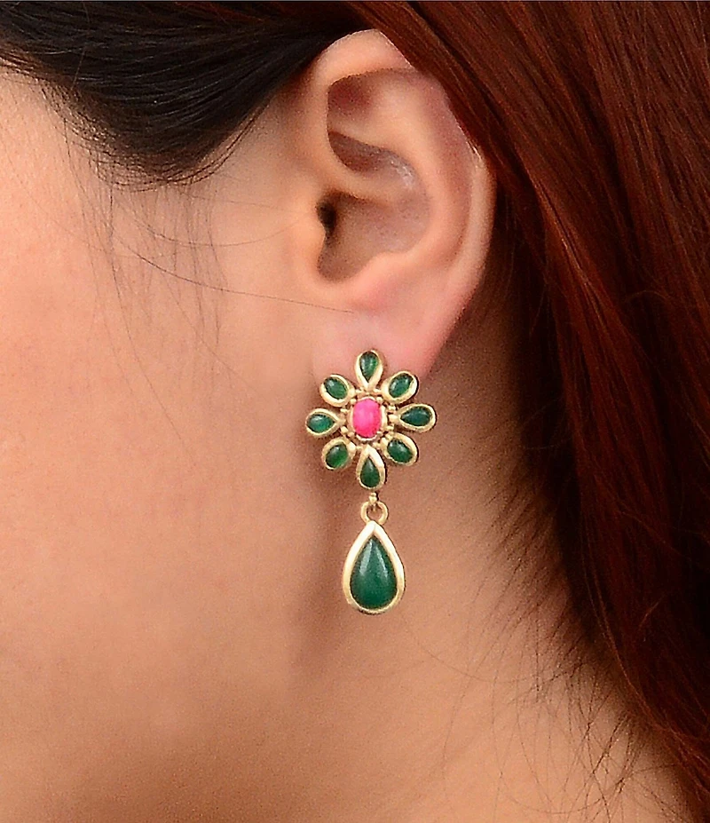 Barse Bronze, Pink Magnesite and Green Onyx Bloom Clip Drop Earrings