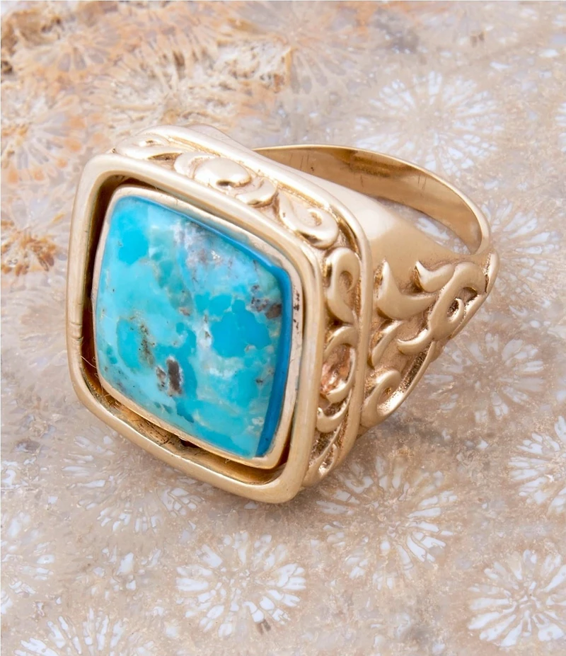 Barse Bronze Reversible Turquoise and Mother Of Pearl Stone Statement Ring