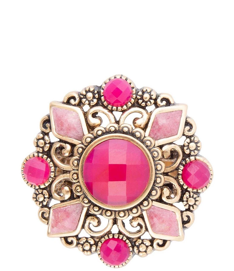 Barse Embellished Pink Quartz Golden Statement Ring