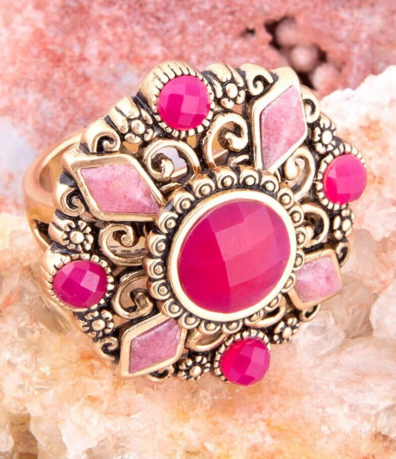 Barse Embellished Pink Quartz Golden Statement Ring