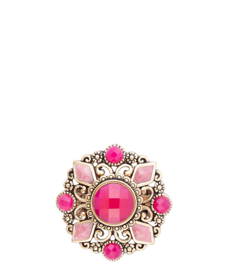 Barse Embellished Pink Quartz Golden Statement Ring