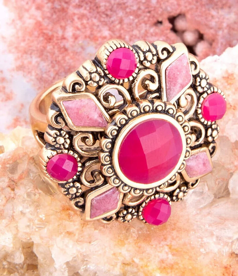 Barse Embellished Pink Quartz Golden Statement Ring