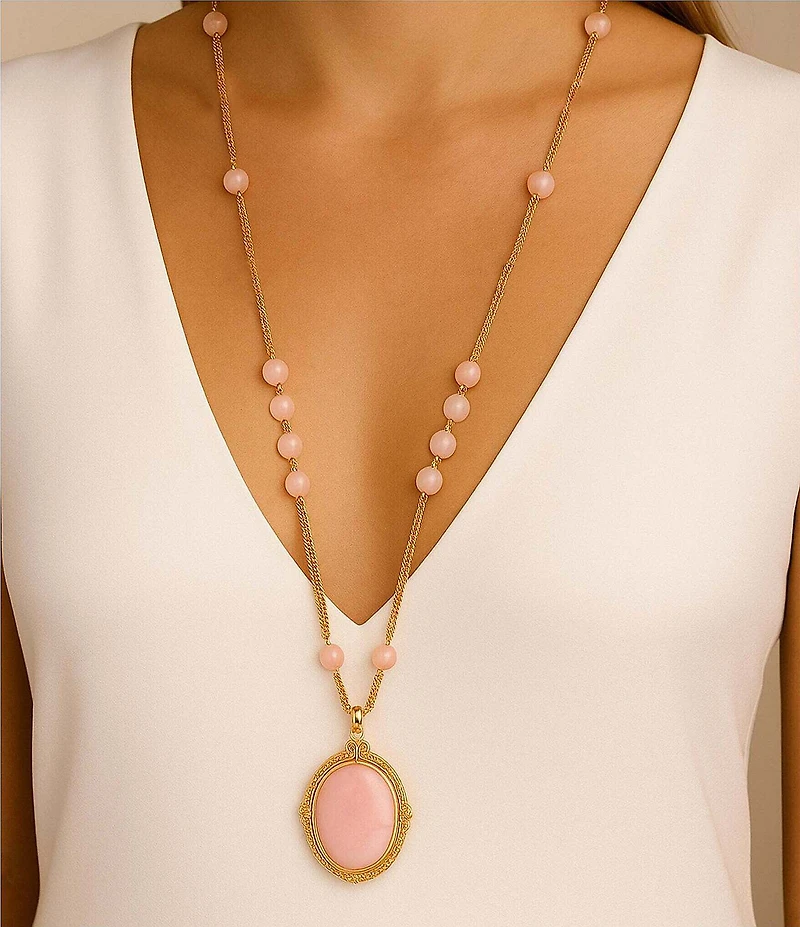 Barse Bronze Romantic Garden Pink Opal Long Pendant Necklace