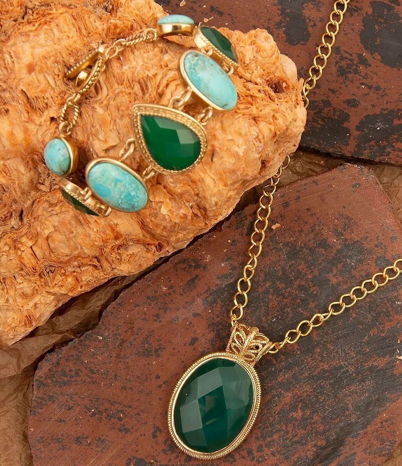 Barse Bronze Seville Green Onyx and Turquoise Line Bracelet