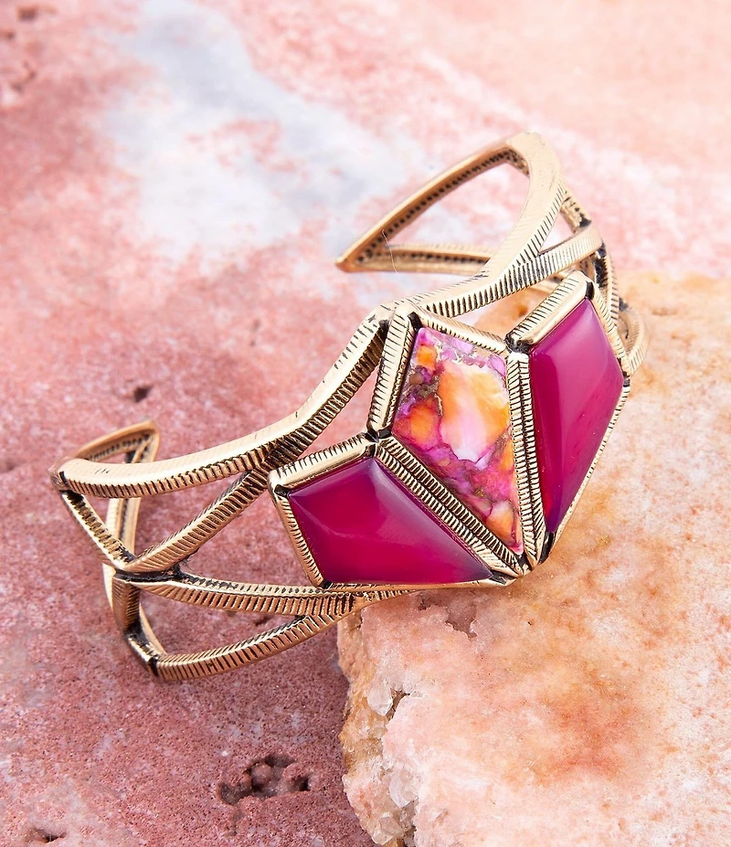 Barse Pink Agate and Coral Matrix Golden Cuff Bracelet