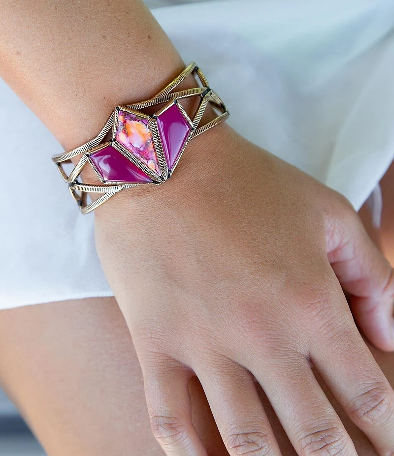 Barse Pink Agate and Coral Matrix Golden Cuff Bracelet