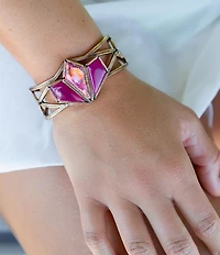 Barse Pink Agate and Coral Matrix Golden Cuff Bracelet
