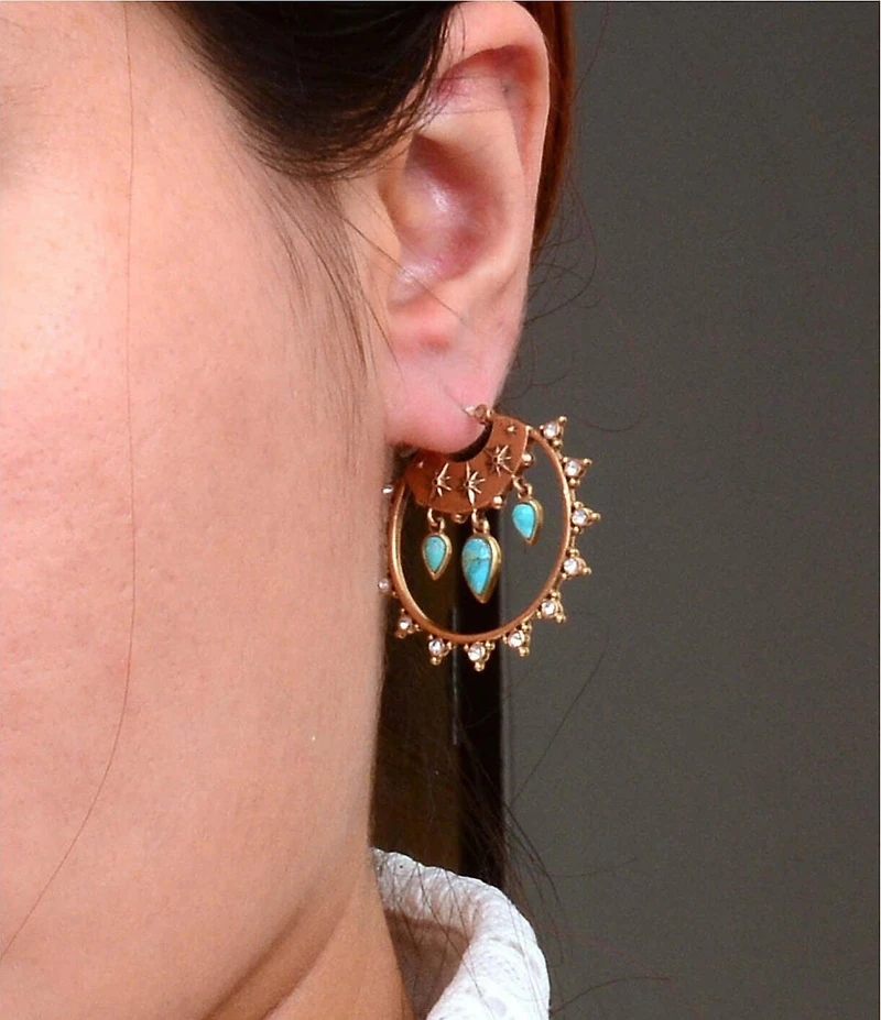 Barse Bronze, Turquoise and CZ Celestial Charm Hoop Earrings