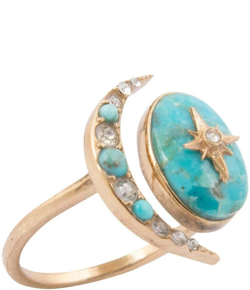 Barse Bronze, Turquoise and CZ Moon & Stars Statement Ring