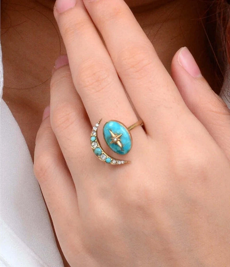 Barse Bronze, Turquoise and CZ Moon & Stars Statement Ring