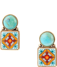 Barse Talavera Tile Blue Turquoise Golden Drop Earrings