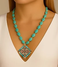 Barse Bronze, Turquoise and Quartz Western Print Short Pendant Necklace