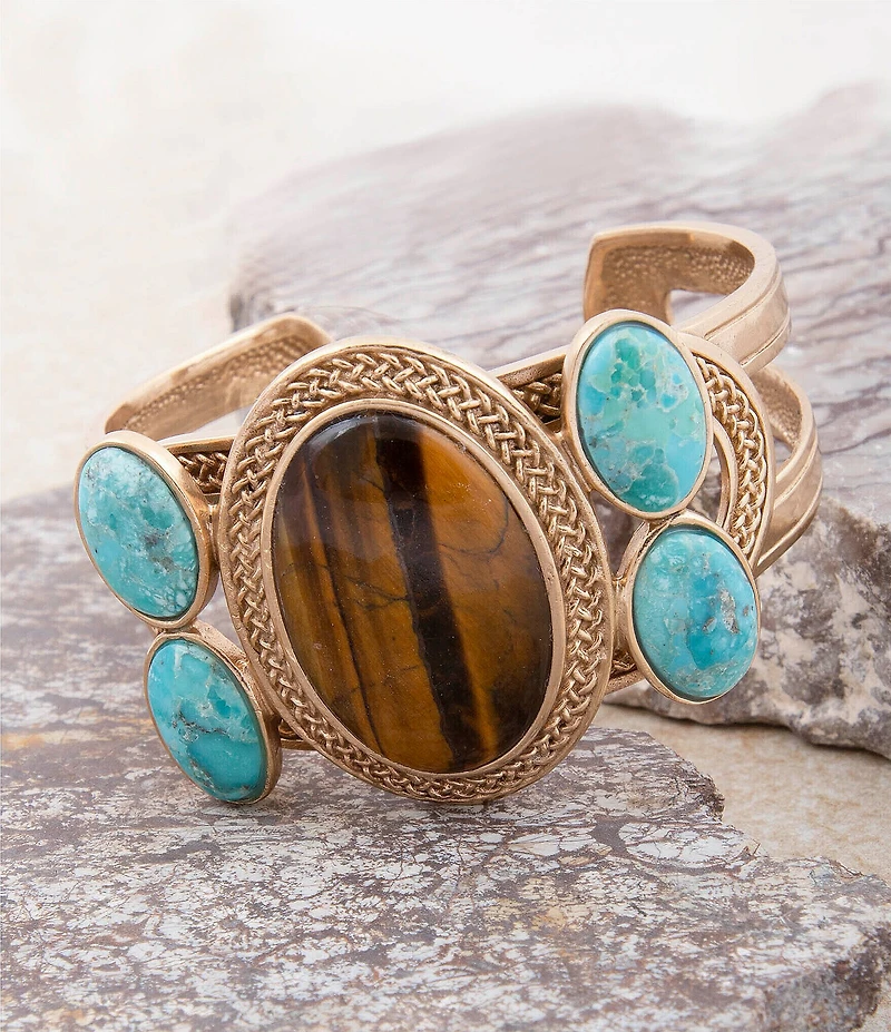 Barse Bronze, Turquoise and Tiger's Eye Elliptical Statement Cuff Bracelet