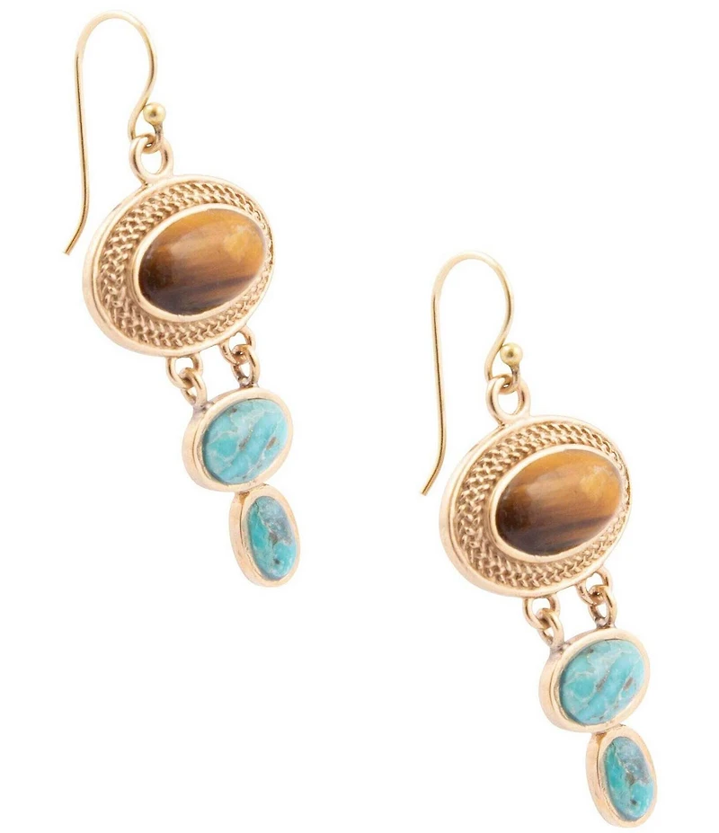 Barse Bronze, Turquoise and Tiger's Eye Elliptical Statement Drop Earrings